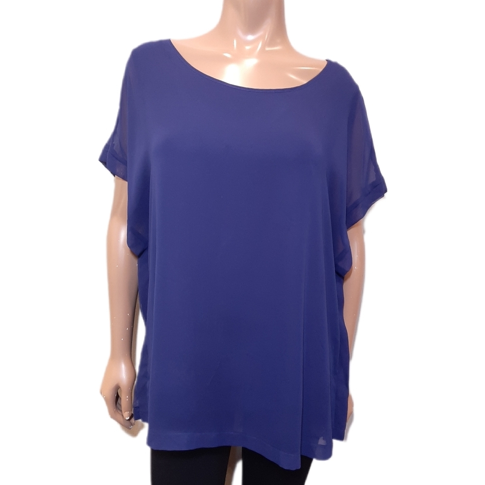 Vince Camuto Flowy Sheer Blouse Boat Neck Short Kimono Sleeve Boxy Top Size XL